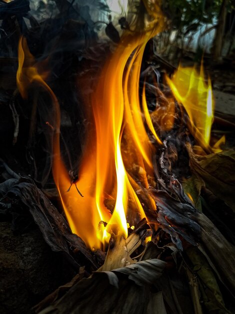 Foto prossimo piano del fuoco al buio