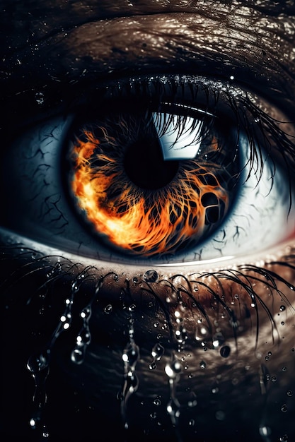 A close up of a fire eye with a tear in the middle