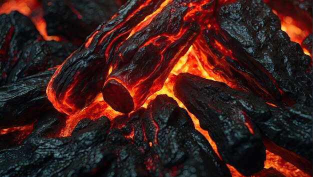 a close up of a fire with black and red flames