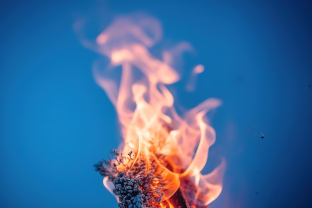 A close up of a fire with a blue background