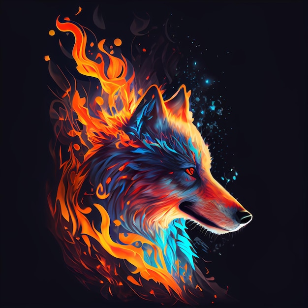 Close up of a fire wolf on a black background generative ai