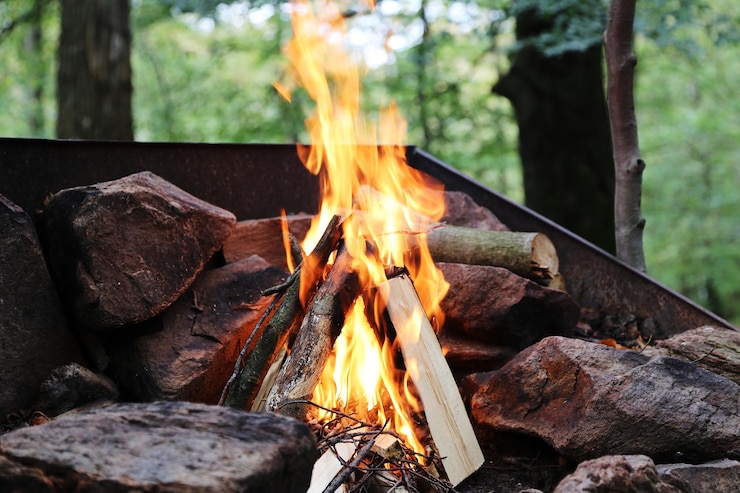 Photo close-up of fire on wood in front of stones out in a forest at late afternoon