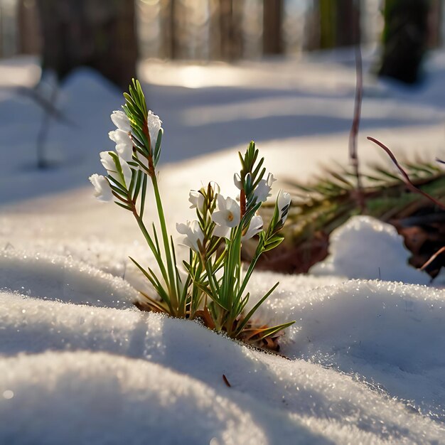 Первые весенние цветы выходят из-под снега, созданного искусственным интеллектом.