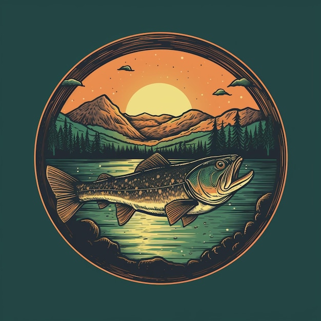 Photo a close up of a fish in a circle with mountains in the background generative ai