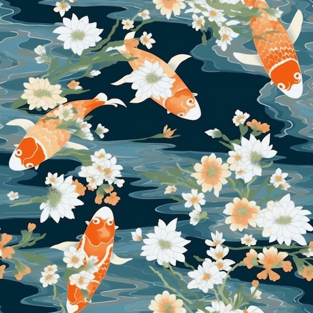 A close up of a fish and flowers on a blue background generative ai