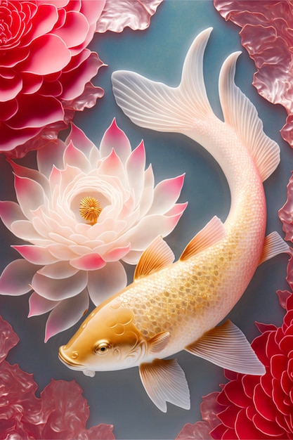 Close up of a fish in a pond of flowers generative ai