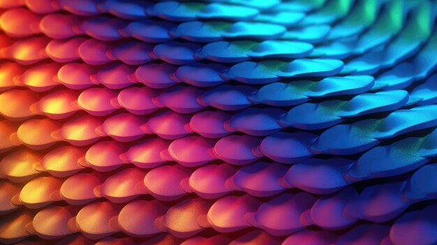 A close up of a fish scale with a rainbow colored pattern.