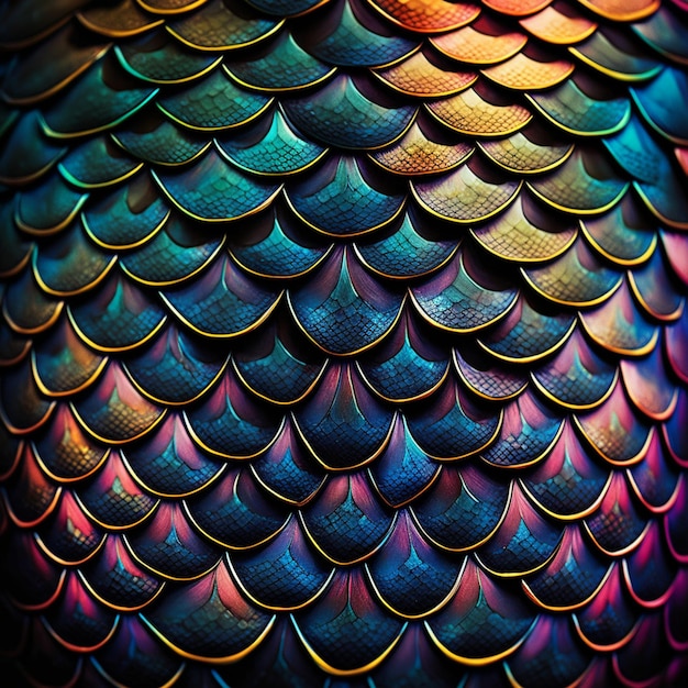 A close up of a fish scales with a rainbow pattern.
