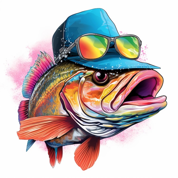 Foto un primo piano di un pesce che indossa un cappello e occhiali da sole