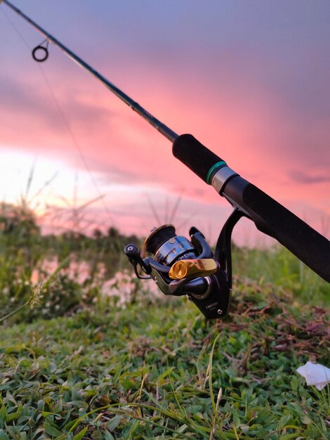 Foto prossimo piano della canna da pesca sul campo