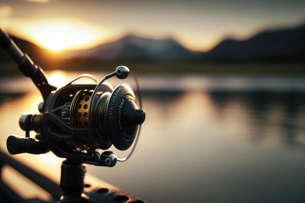 Close up of a fishing rod during the sunset AI Generation