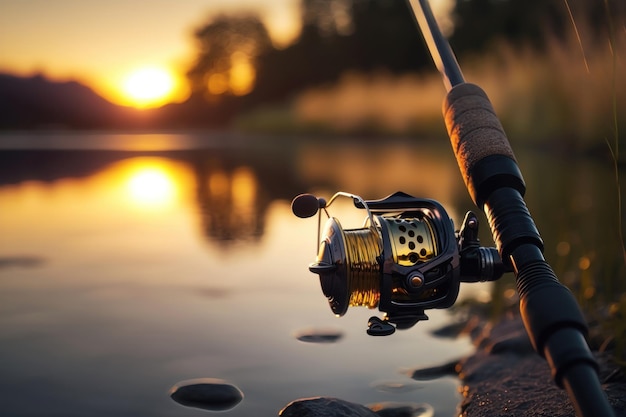 Close up of a fishing rod during the sunset AI Generation