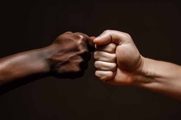 Photo close up of a fist bump isolated on black background hands and teamwork support or collaboration