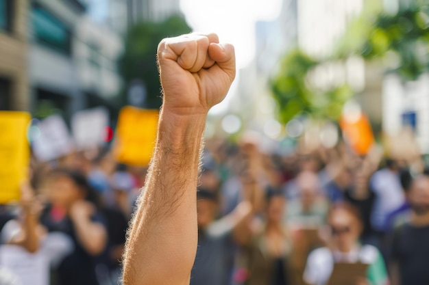 Close up of a fist raised in the air at an outdoor political protest