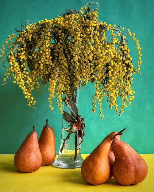 Foto close-up di cinque pere bosc sotto fiori d'oro in un vaso vintage su uno sfondo colorato