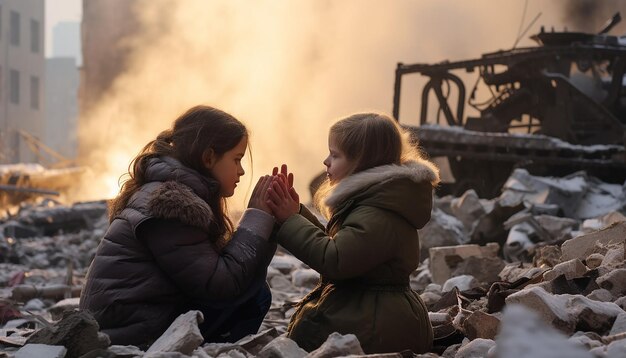Close up of a fiveyearold ukrainian daughter and 30 year old ukrainian mom praying together amidst