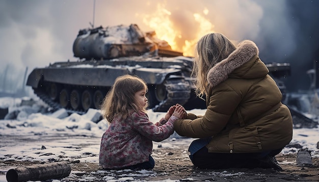 Close up of a fiveyearold ukrainian daughter and 30 year old ukrainian mom praying together amidst