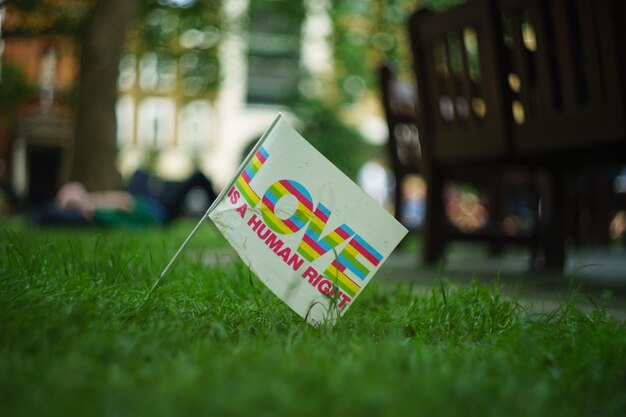 Photo close up of flag on grassy field