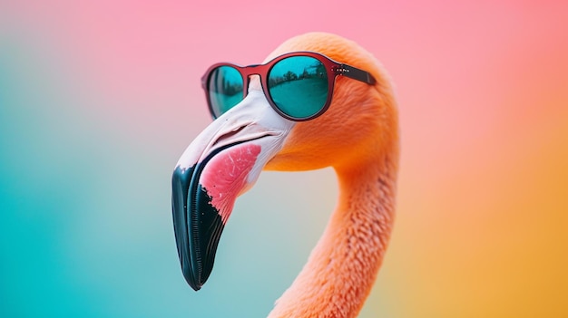 close-up flamingo met zonnebril in studio met een kleurrijke en heldere achtergrond AI Generatief
