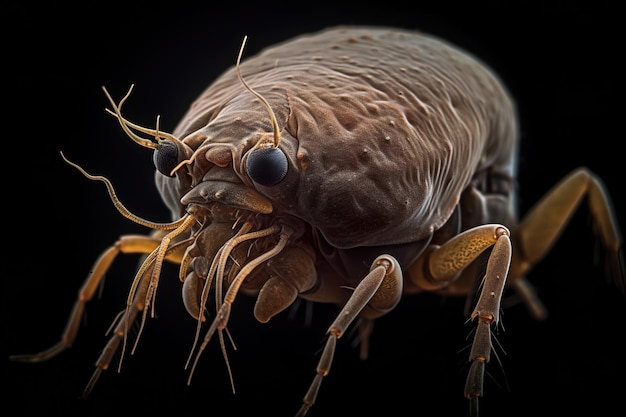 A close up of a flea on a black background