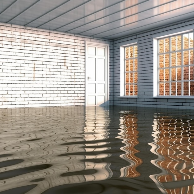 a close up of a flooded room with a window and a brick wall generative ai