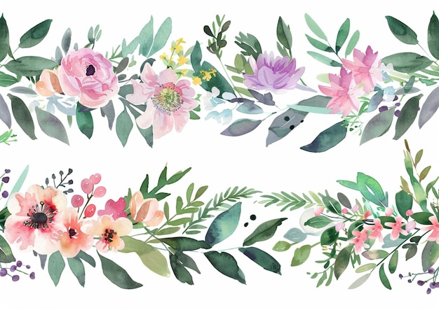 a close up of a floral border with pink flowers and green leaves generative ai