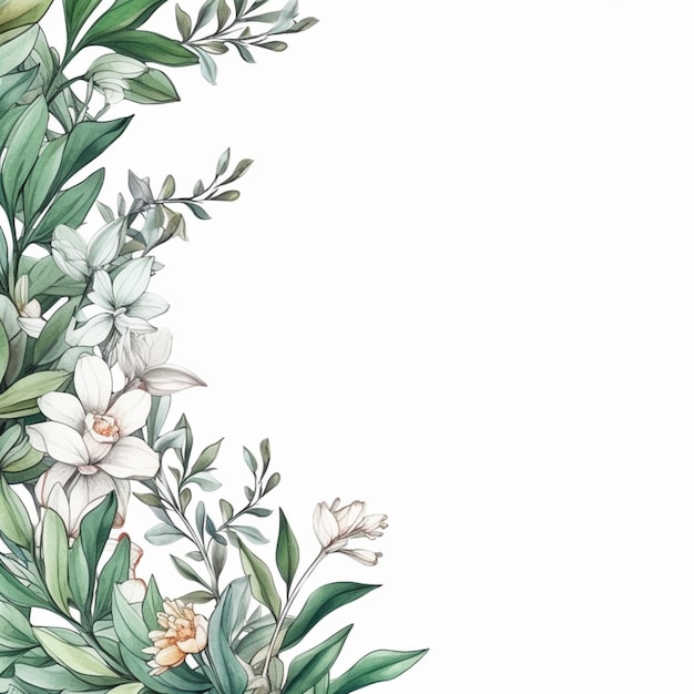 Photo a close up of a floral border with white flowers and green leaves generative ai