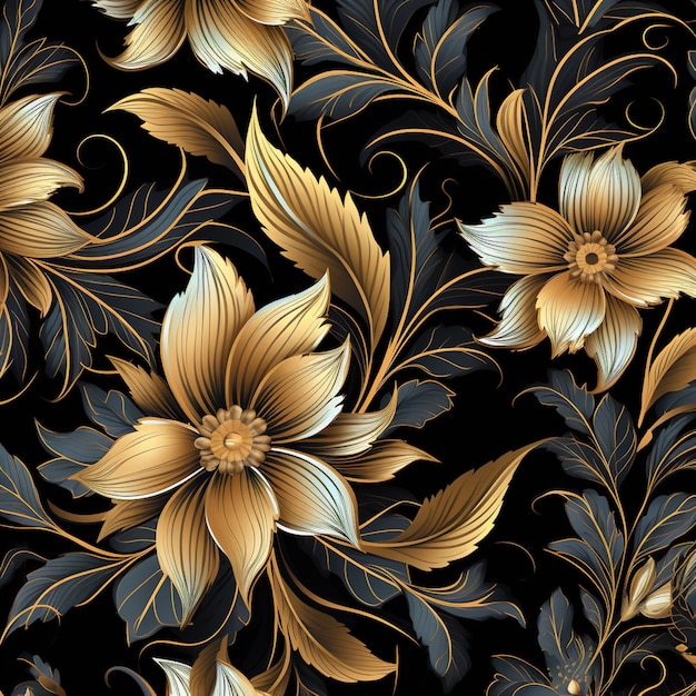 a close up of a floral design with gold leaves and flowers generative ai