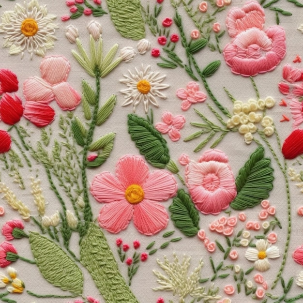 a close up of a floral embroidery on a white surface generative ai