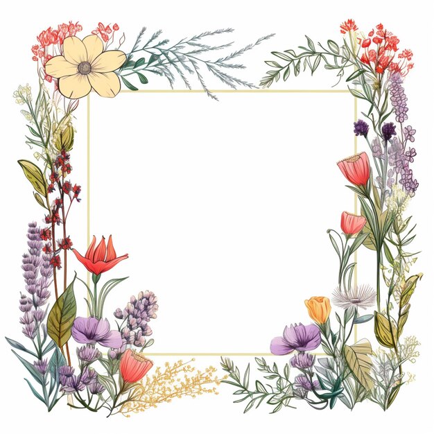 Photo a close up of a floral frame with flowers and leaves generative ai