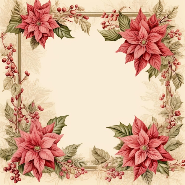 A close up of a floral frame with poinsettis and berries generative ai