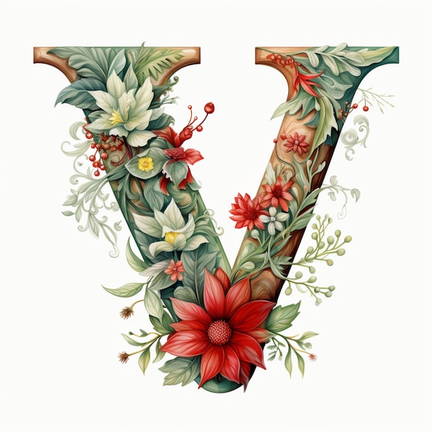 Photo a close up of a floral letter v with a white background generative ai