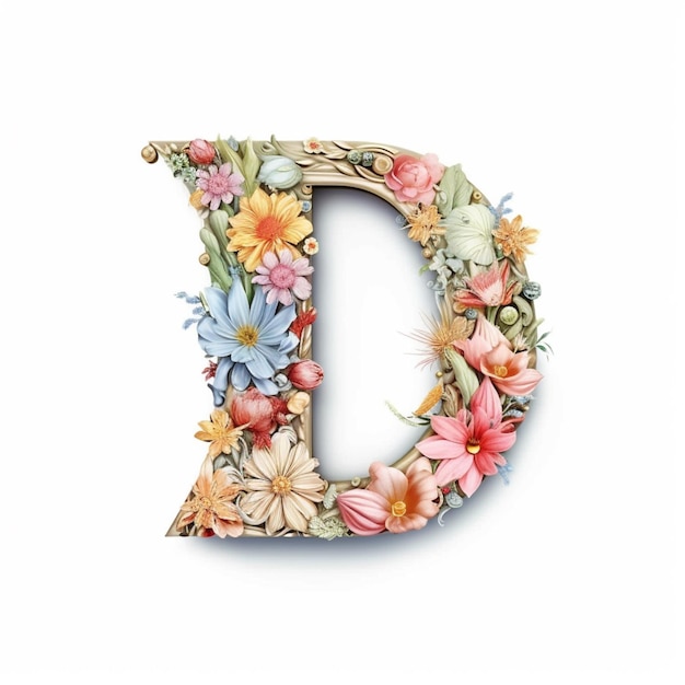 Foto un primo piano di una lettera floreale con uno sfondo bianco generativo ai