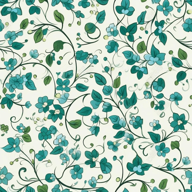 Photo a close up of a floral pattern with blue flowers and green leaves generative ai