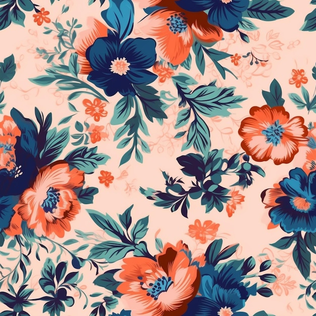 a close up of a floral pattern with blue and orange flowers generative ai