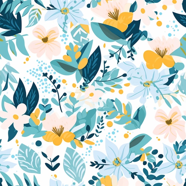 Photo a close up of a floral pattern with blue and yellow flowers generative ai