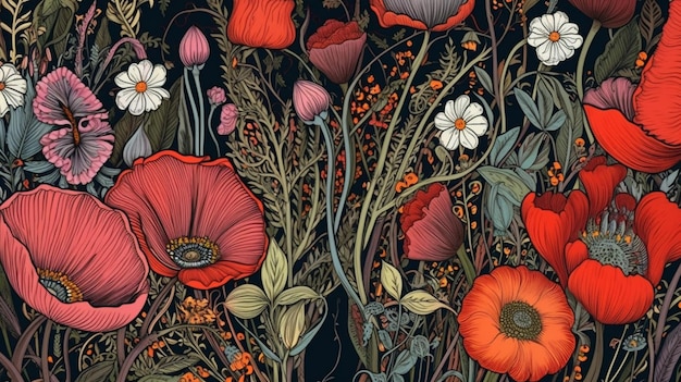 A close up of a floral pattern with a bunch of flowers.