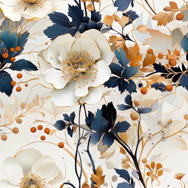 a close up of a floral pattern with flowers and leaves