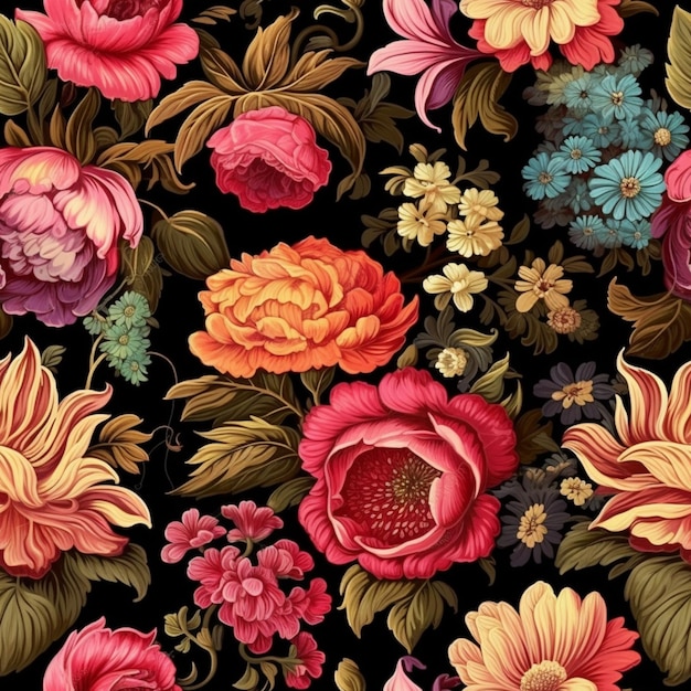 A close up of a floral pattern with many different flowers generative ai