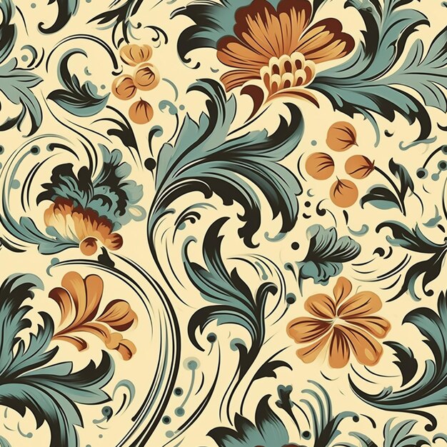 Photo a close up of a floral pattern with orange and blue flowers generative ai