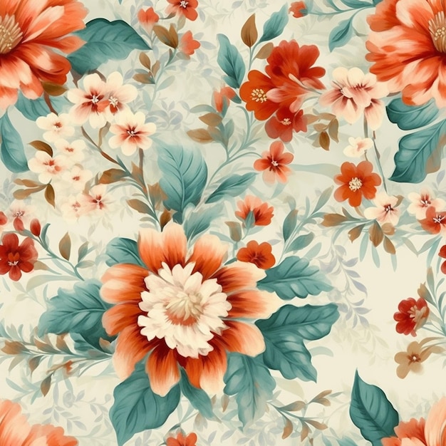 a close up of a floral pattern with orange flowers and green leaves generative ai
