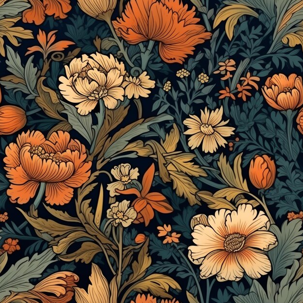 a close up of a floral pattern with orange flowers and leaves generative ai