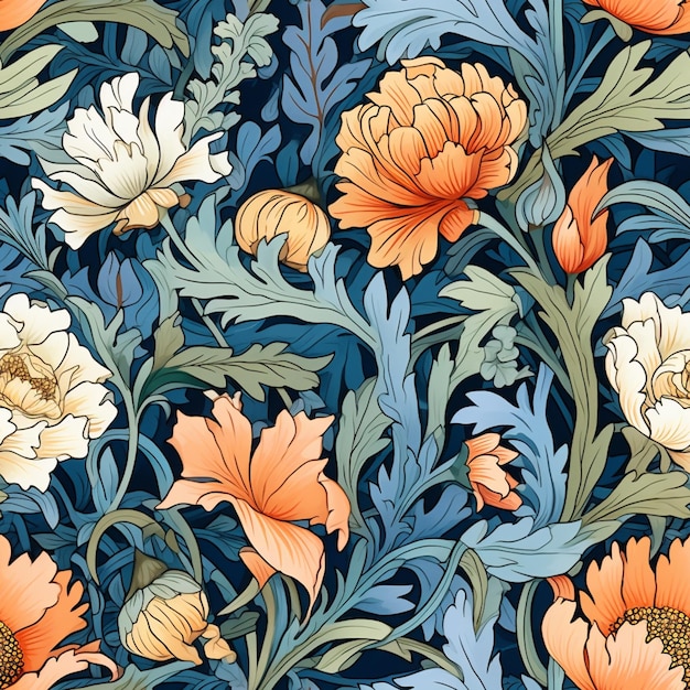 a close up of a floral pattern with orange flowers and leaves generative ai