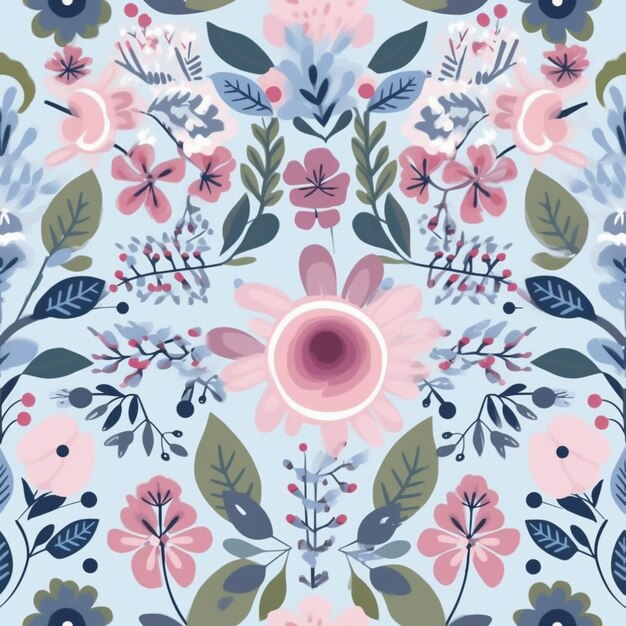 Photo a close up of a floral pattern with pink and blue flowers generative ai