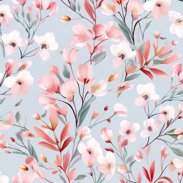 a close up of a floral pattern with pink flowers on a blue background generative ai