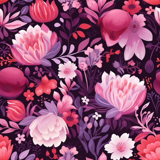 a close up of a floral pattern with pink and purple flowers generative ai