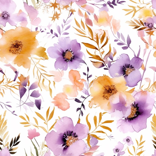 A close up of a floral pattern with purple and yellow flowers generative ai