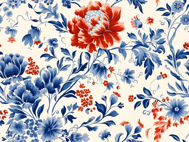 A close up of a floral pattern with red and blue flowers generative ai