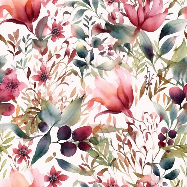 A close up of a floral pattern with red and green leaves generative ai