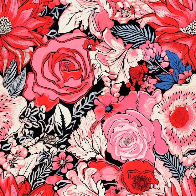 Крупный план цветочного узора с красными и розовыми цветами, генерирующий искусственный интеллект